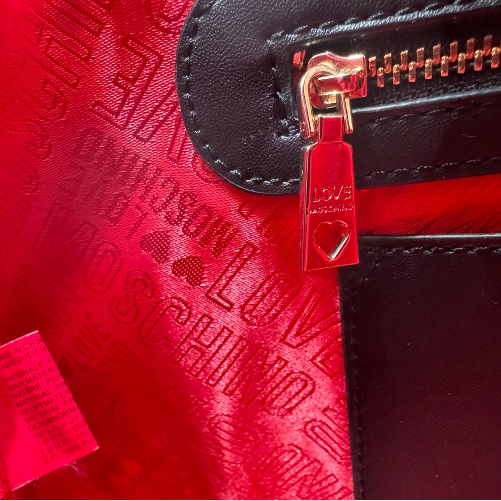Love Moschino Black Croc Embossed Tote Bag with Mirror Heart Charm - Picture 9 of 10